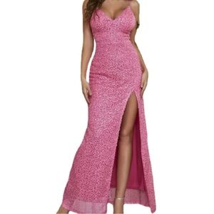 NWT Giffniseti Pink Sequin Lace Up Back Maxi Dress Slit Glam Women’s Size M